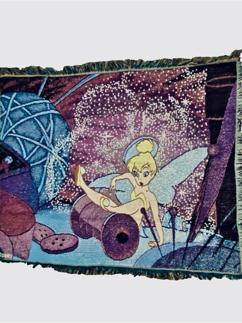 Vintage Disney Tinkerbell Thread Spool Woven Tapestry Throw